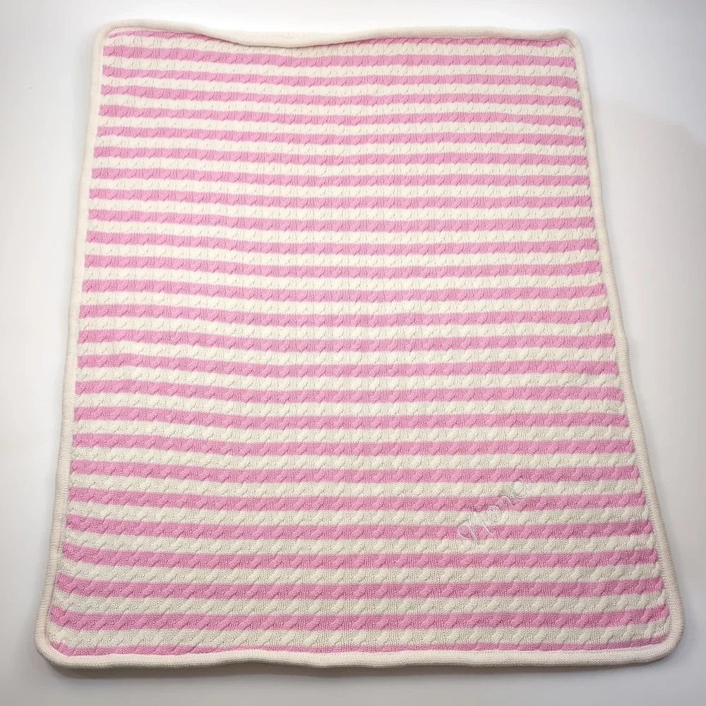 Pottery Barn Kids Cable Knit Baby Blanket Pink & Cream Stripe Sherpa 29x37 NORA
